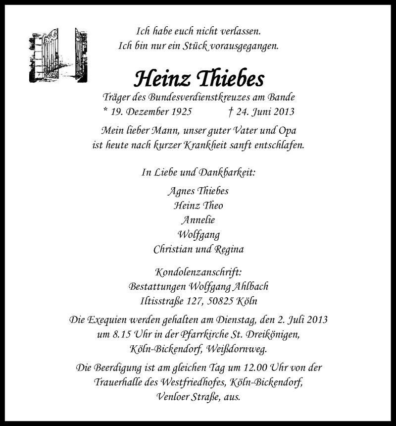  Traueranzeige für Heinz Thiebes vom 29.06.2013 aus Kölner Stadt-Anzeiger / Kölnische Rundschau / Express