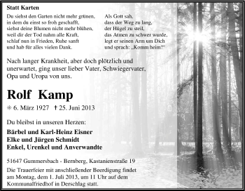 Anzeige von Rolf Kamp von Kölner Stadt-Anzeiger / Kölnische Rundschau / Express