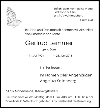 Anzeige von Gertrud Lemmer von Kölner Stadt-Anzeiger / Kölnische Rundschau / Express
