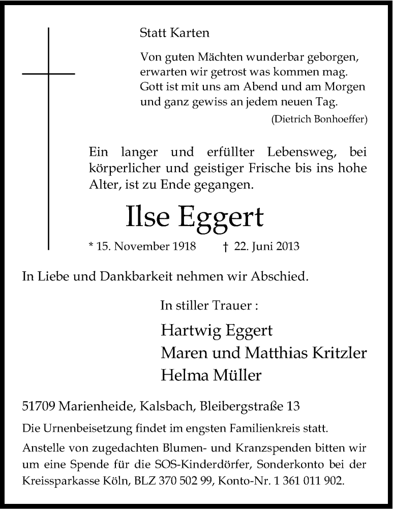  Traueranzeige für Ilse Eggert vom 27.06.2013 aus Kölner Stadt-Anzeiger / Kölnische Rundschau / Express
