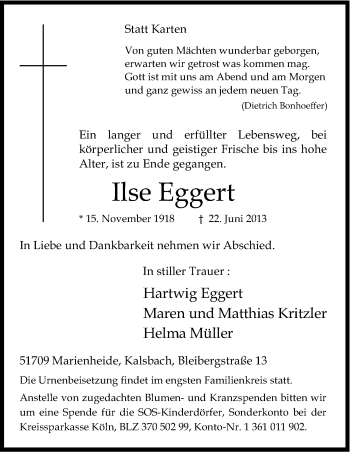 Anzeige von Ilse Eggert von Kölner Stadt-Anzeiger / Kölnische Rundschau / Express