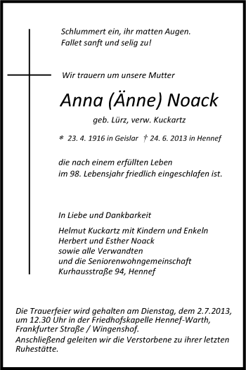 Anzeige von Anna Noack von Kölner Stadt-Anzeiger / Kölnische Rundschau / Express
