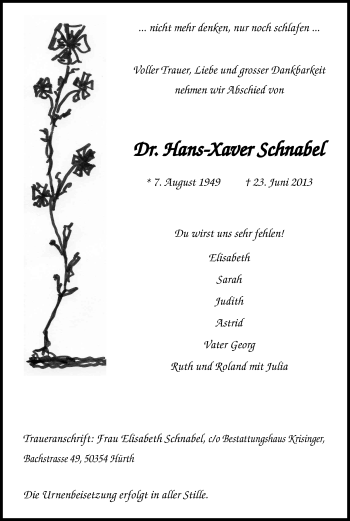 Anzeige von Hans-Xaver Schnabel von Kölner Stadt-Anzeiger / Kölnische Rundschau / Express
