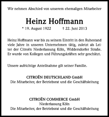 Anzeige von Heinz Hoffmann von Kölner Stadt-Anzeiger / Kölnische Rundschau / Express