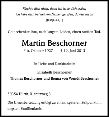 Anzeige von Martin Beschorner von Kölner Stadt-Anzeiger / Kölnische Rundschau / Express