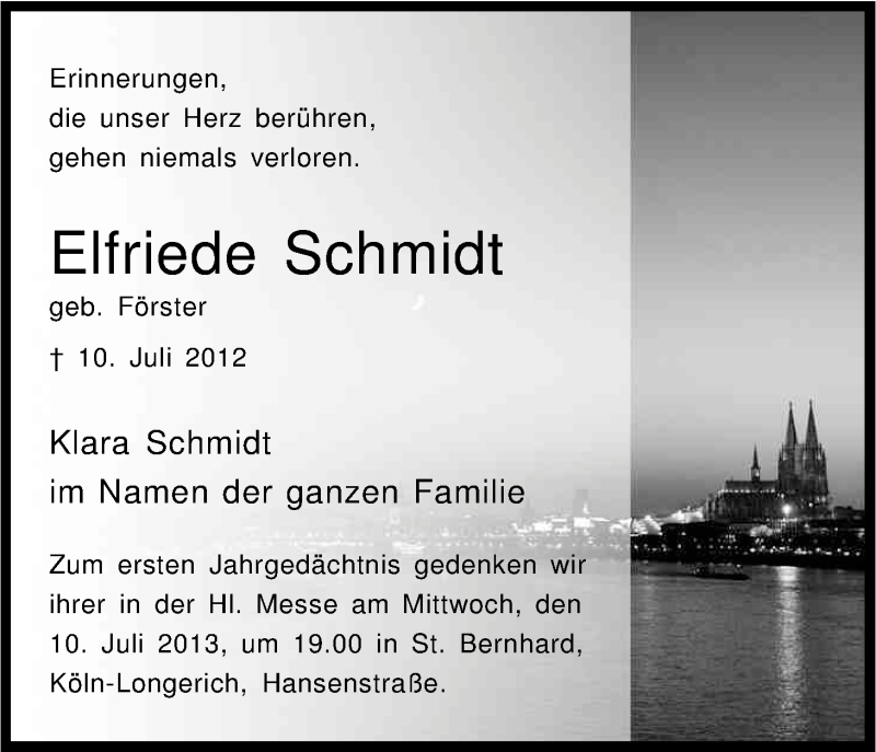  Traueranzeige für Elfriede Schmidt vom 06.07.2013 aus Kölner Stadt-Anzeiger / Kölnische Rundschau / Express