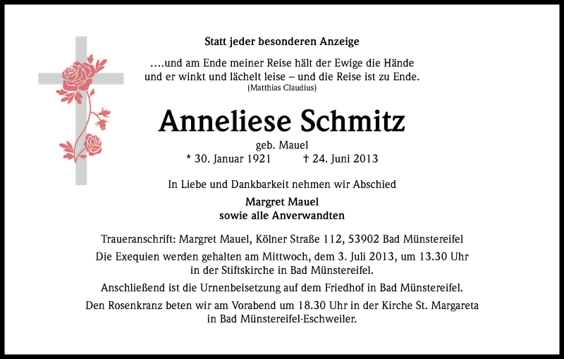  Traueranzeige für Anneliese Schmitz vom 29.06.2013 aus Kölner Stadt-Anzeiger / Kölnische Rundschau / Express