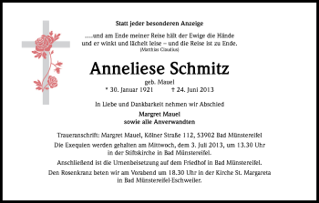 Anzeige von Anneliese Schmitz von Kölner Stadt-Anzeiger / Kölnische Rundschau / Express