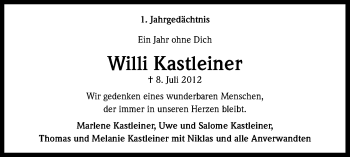 Anzeige von Willi Kastleiner von Kölner Stadt-Anzeiger / Kölnische Rundschau / Express