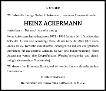 Anzeige von Heinz Ackermann von Kölner Stadt-Anzeiger / Kölnische Rundschau / Express