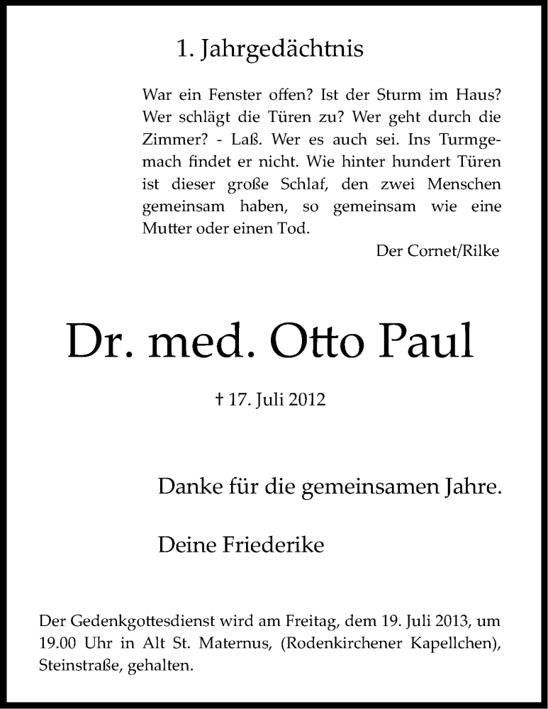  Traueranzeige für Otto Paul vom 17.07.2013 aus Kölner Stadt-Anzeiger / Kölnische Rundschau / Express
