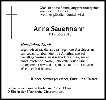 Anzeige von Anna Sauermann von Kölner Stadt-Anzeiger / Kölnische Rundschau / Express