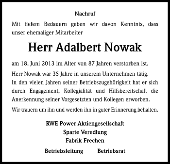 Anzeige von Adalbert Nowak von Kölner Stadt-Anzeiger / Kölnische Rundschau / Express