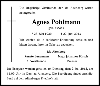 Anzeige von Agnes Pohlmann von Kölner Stadt-Anzeiger / Kölnische Rundschau / Express