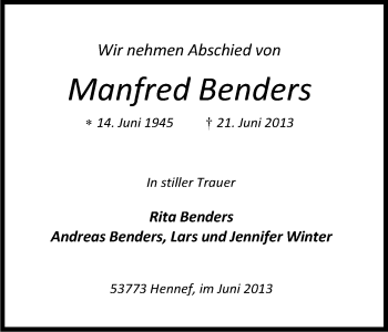 Anzeige von Manfred Benders von Kölner Stadt-Anzeiger / Kölnische Rundschau / Express