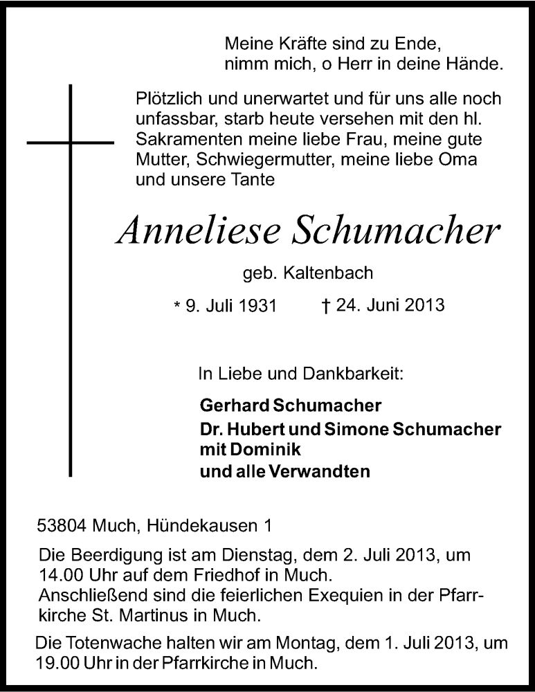  Traueranzeige für Anneliese Schumacher vom 29.06.2013 aus Kölner Stadt-Anzeiger / Kölnische Rundschau / Express