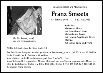 Anzeige von Franz Smeets von Kölner Stadt-Anzeiger / Kölnische Rundschau / Express