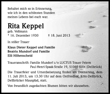 Anzeige von Rita Keppel von Kölner Stadt-Anzeiger / Kölnische Rundschau / Express