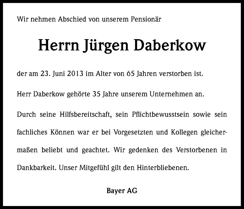  Traueranzeige für Jürgen Daberkow vom 28.06.2013 aus Kölner Stadt-Anzeiger / Kölnische Rundschau / Express