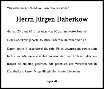 Anzeige von Jürgen Daberkow von Kölner Stadt-Anzeiger / Kölnische Rundschau / Express