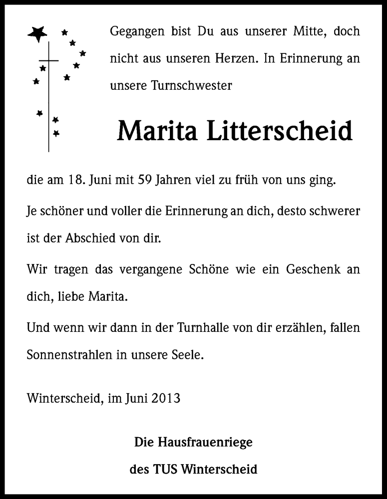  Traueranzeige für Marita Litterscheid vom 29.06.2013 aus Kölner Stadt-Anzeiger / Kölnische Rundschau / Express