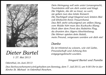Anzeige von Dieter Bartel von Kölner Stadt-Anzeiger / Kölnische Rundschau / Express