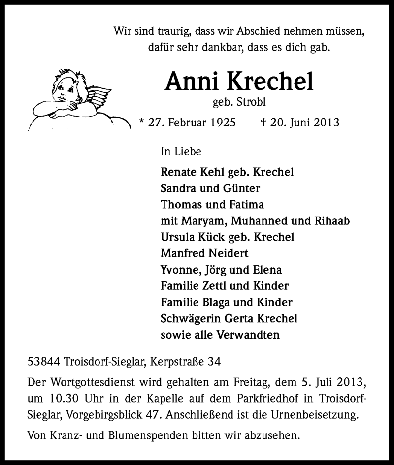  Traueranzeige für Anni Krechel vom 29.06.2013 aus Kölner Stadt-Anzeiger / Kölnische Rundschau / Express