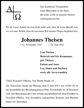 Anzeige von Johannes Theisen von Kölner Stadt-Anzeiger / Kölnische Rundschau / Express