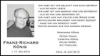 Anzeige von Franz-Richard König von Kölner Stadt-Anzeiger / Kölnische Rundschau / Express