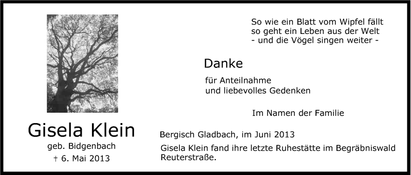  Traueranzeige für Gisela Klein vom 29.06.2013 aus Kölner Stadt-Anzeiger / Kölnische Rundschau / Express