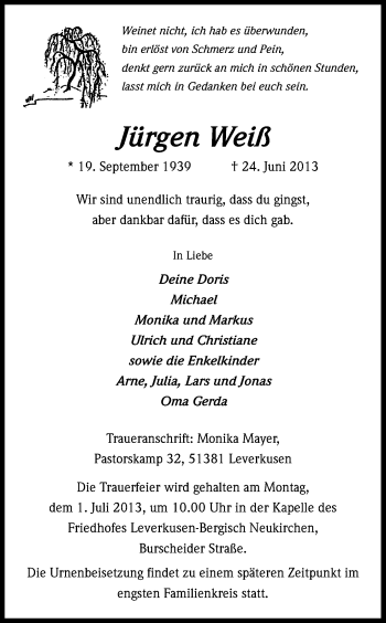 Anzeige von Jürgen Weiß von Kölner Stadt-Anzeiger / Kölnische Rundschau / Express