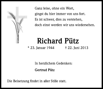 Anzeige von Richard Pütz von Kölner Stadt-Anzeiger / Kölnische Rundschau / Express