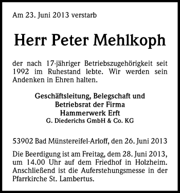 Anzeige von Peter Mehlkoph von Kölner Stadt-Anzeiger / Kölnische Rundschau / Express