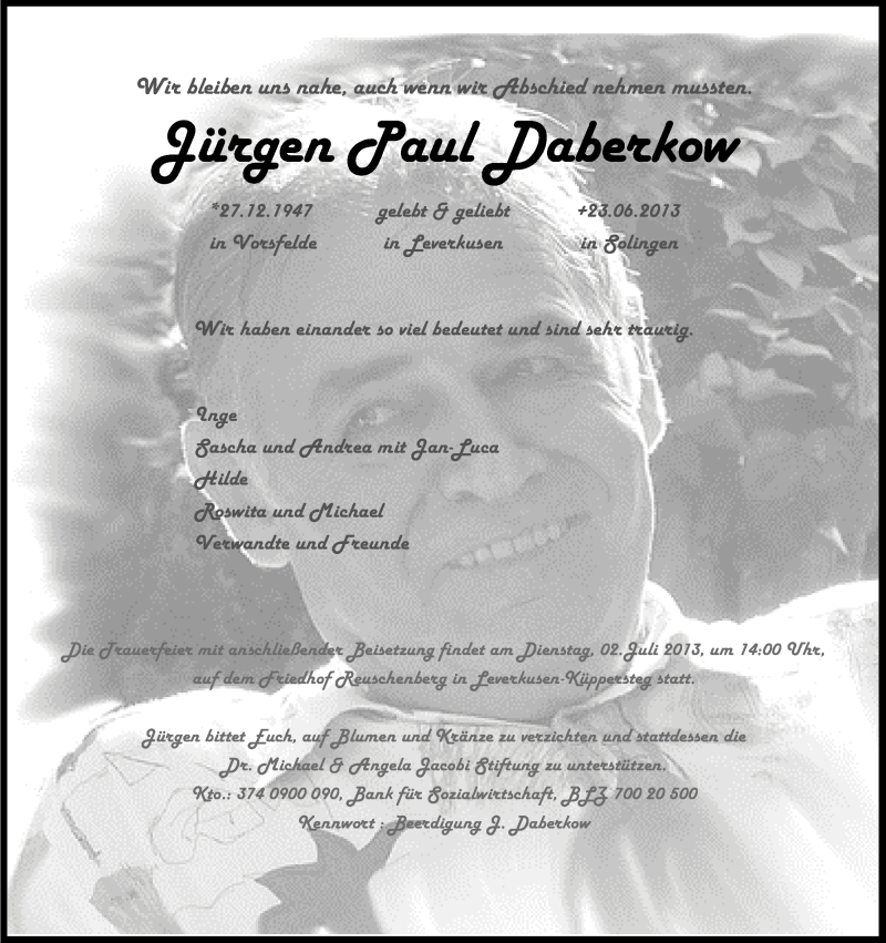  Traueranzeige für Jürgen Paul Daberkow vom 29.06.2013 aus Kölner Stadt-Anzeiger / Kölnische Rundschau / Express