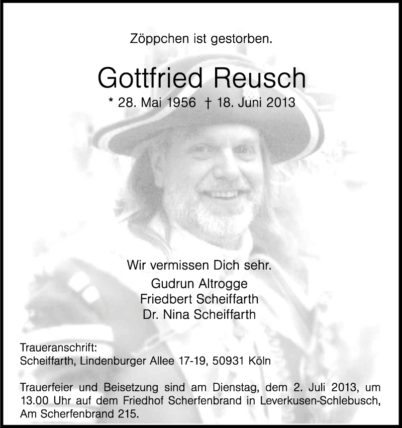  Traueranzeige für Gottfried Reusch vom 29.06.2013 aus Kölner Stadt-Anzeiger / Kölnische Rundschau / Express