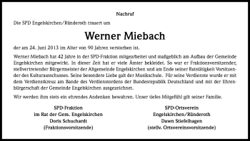 Anzeige von Werner Miebach von Kölner Stadt-Anzeiger / Kölnische Rundschau / Express