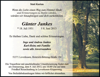 Anzeige von Günter Junkes von Kölner Stadt-Anzeiger / Kölnische Rundschau / Express