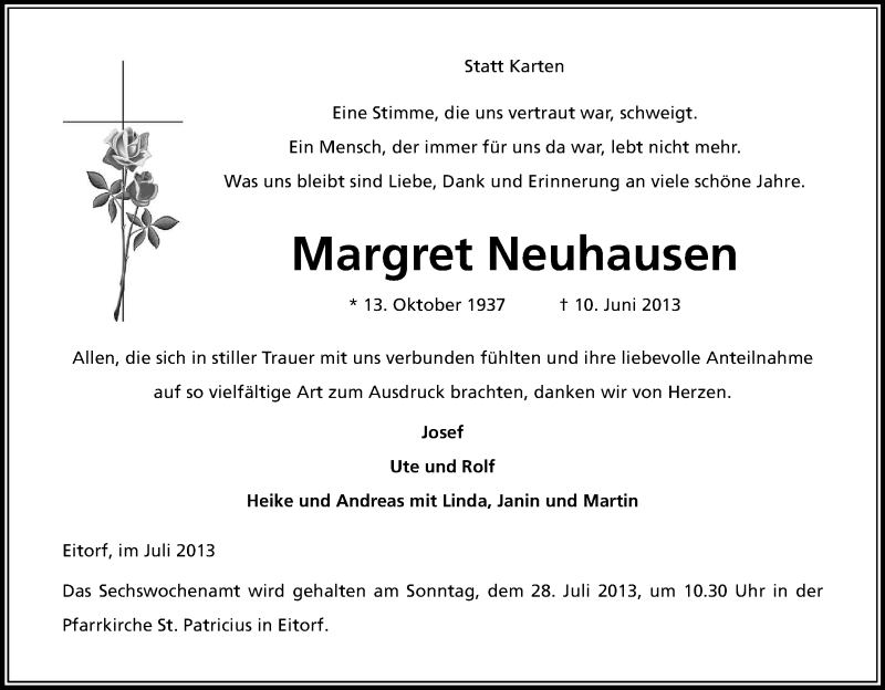  Traueranzeige für Margret Neuhausen vom 06.07.2013 aus Kölner Stadt-Anzeiger / Kölnische Rundschau / Express