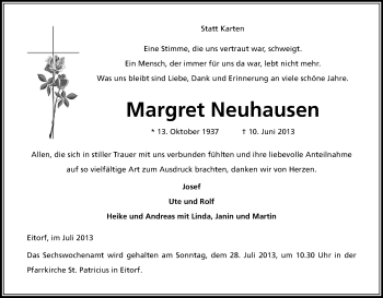 Anzeige von Margret Neuhausen von Kölner Stadt-Anzeiger / Kölnische Rundschau / Express