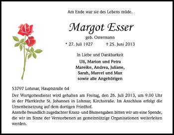 Anzeige von Margot Esser von Kölner Stadt-Anzeiger / Kölnische Rundschau / Express