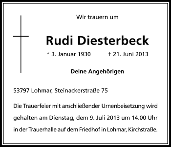 Anzeige von Rudi Diesterbeck von Kölner Stadt-Anzeiger / Kölnische Rundschau / Express