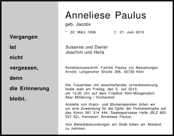 Anzeige von Anneliese Paulus von Kölner Stadt-Anzeiger / Kölnische Rundschau / Express