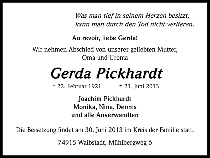  Traueranzeige für Gerda Pickhardt vom 29.06.2013 aus Kölner Stadt-Anzeiger / Kölnische Rundschau / Express