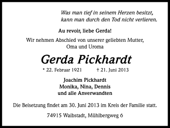 Anzeige von Gerda Pickhardt von Kölner Stadt-Anzeiger / Kölnische Rundschau / Express