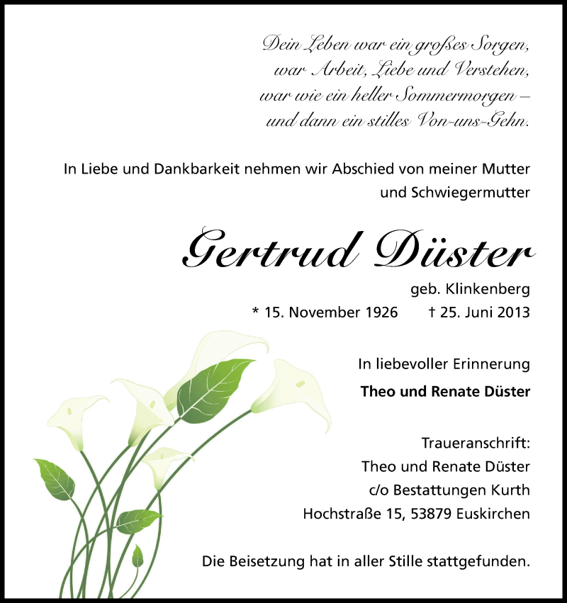  Traueranzeige für Gertrud Düster vom 29.06.2013 aus Kölner Stadt-Anzeiger / Kölnische Rundschau / Express