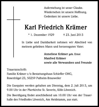 Anzeige von Karl Friedrich Krämer von Kölner Stadt-Anzeiger / Kölnische Rundschau / Express
