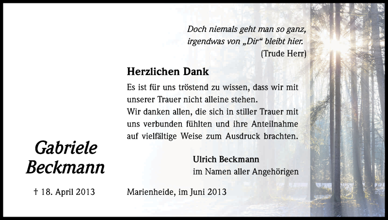  Traueranzeige für Gabriele Beckmann vom 29.06.2013 aus Kölner Stadt-Anzeiger / Kölnische Rundschau / Express