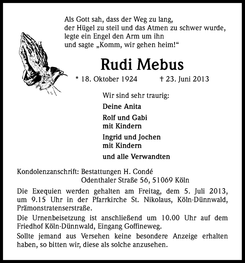  Traueranzeige für Rudi Mebus vom 29.06.2013 aus Kölner Stadt-Anzeiger / Kölnische Rundschau / Express