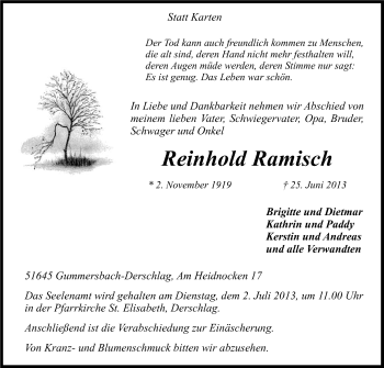 Anzeige von Reinhold Ramisch von Kölner Stadt-Anzeiger / Kölnische Rundschau / Express