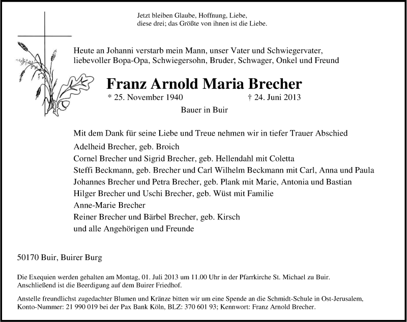  Traueranzeige für Franz Arnold Brecher vom 29.06.2013 aus Kölner Stadt-Anzeiger / Kölnische Rundschau / Express